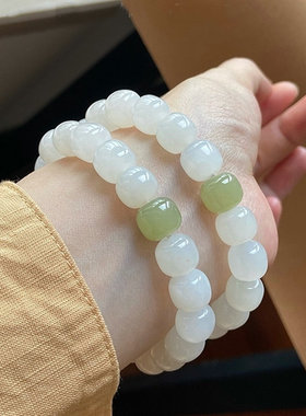 天然高品质和田玉白玉老型珠手链单圈女10mm 白茶清欢系列包邮