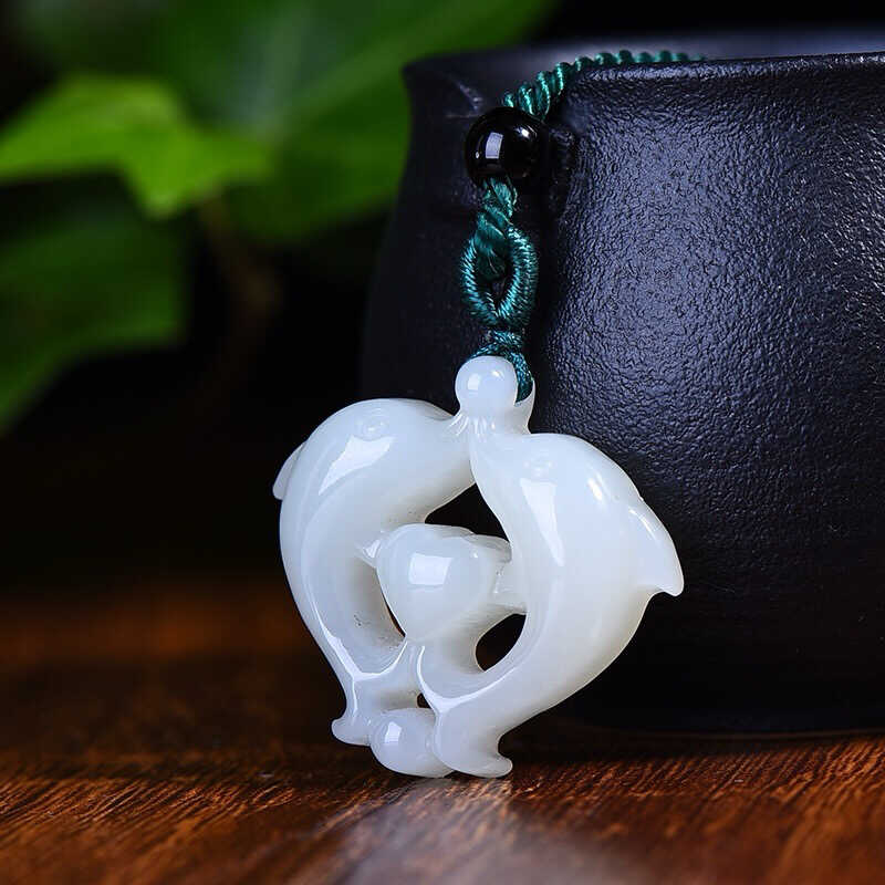 天然和田玉吊坠男女玉石双面雕刻镂空海豚之恋挂件玉坠玉佩项链