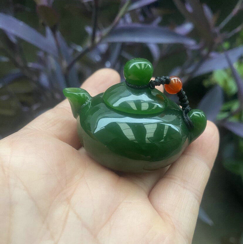 天然新疆七彩玉碧玉色茶壶把把壶手把件绿色玉石迷你玉壶把玩物