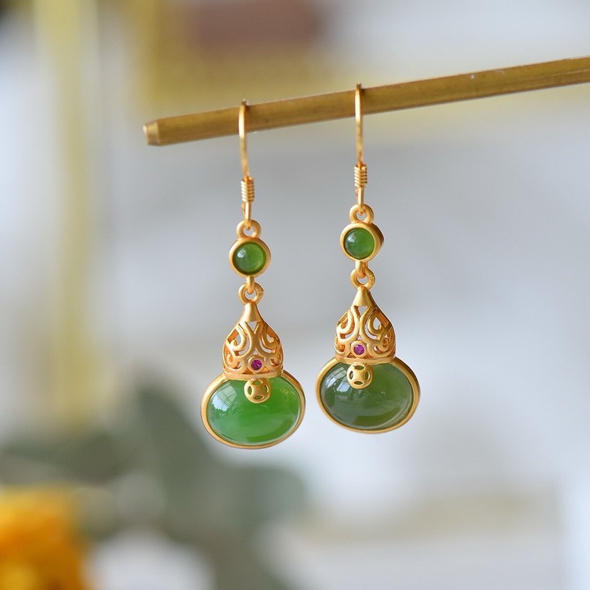 天然和田玉碧玉葫芦耳坠s925银镀金镶嵌女款玉石耳环耳饰礼物饰品,珠宝/钻石/翡翠,耳饰,淘宝优惠券,粉丝福利购,淘宝优惠卷