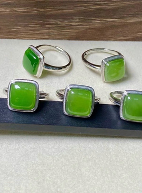 绿和田玉碧玉925银开口戒指女