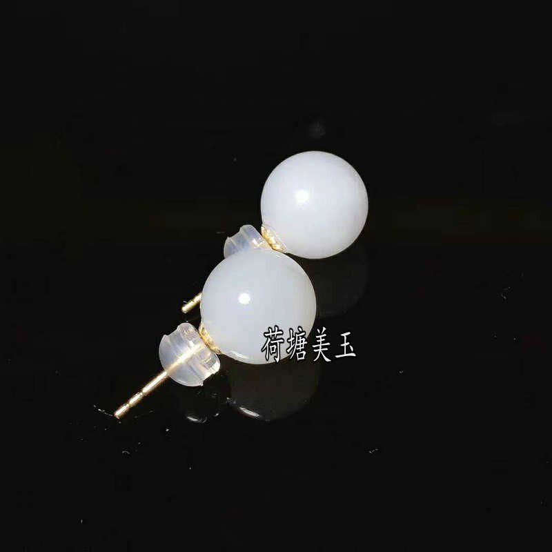 现货新疆羊脂白玉18K金耳钉女款10MM玉石圆珠子耳坠送女友包邮