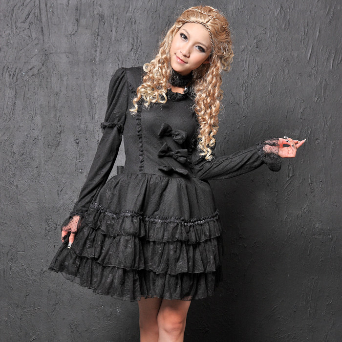 GLP洛丽塔公主洋装蝴蝶结荷叶蕾丝边可拆袖蓬蓬连衣裙81088黑色