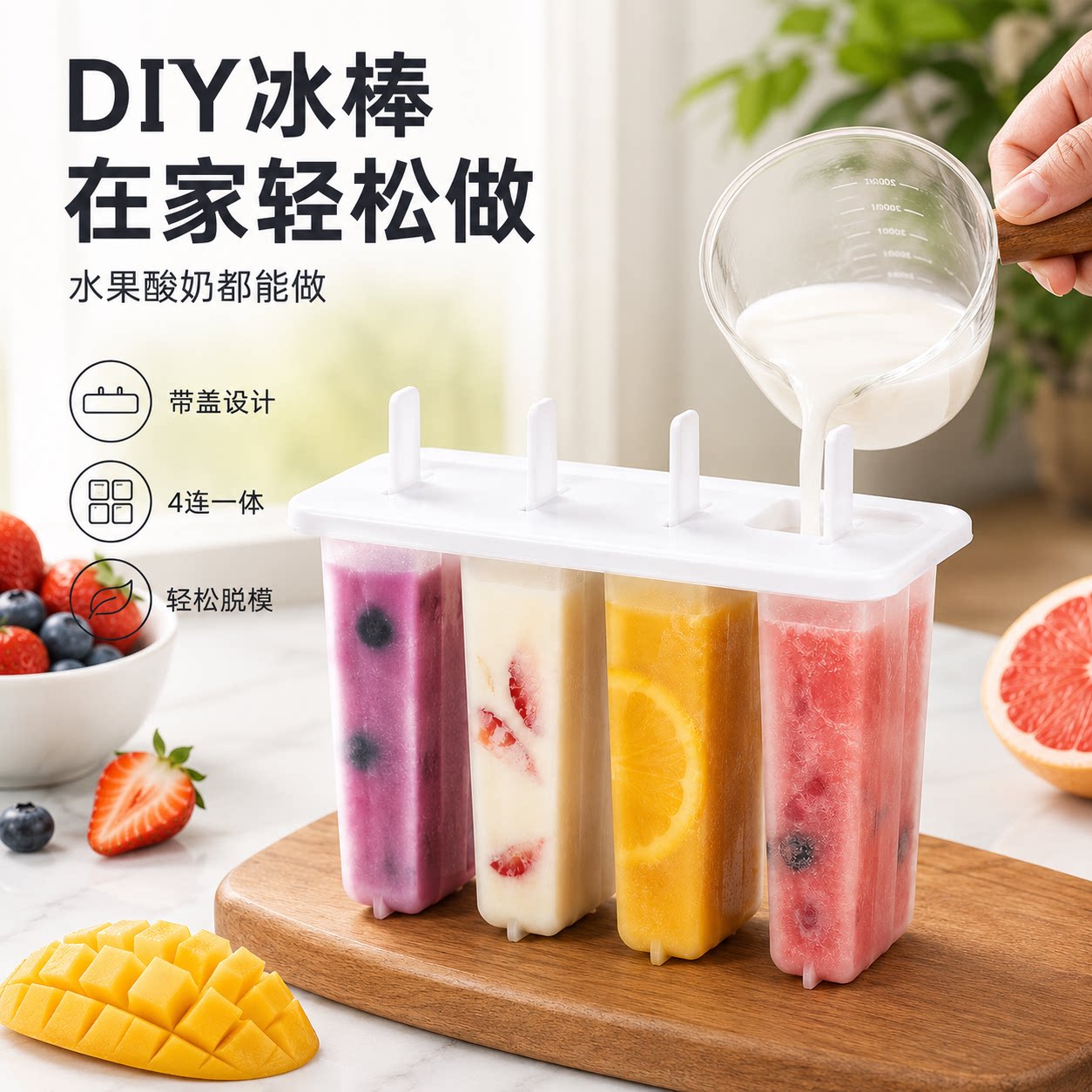 DIY冰棒模具家用4连一体带盖设计轻松脱模水果酸奶制冰器雪糕模具