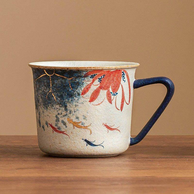 青花火石红陶瓷咖啡杯描金手绘荷韵锦鲤拿铁杯下午茶杯子水杯