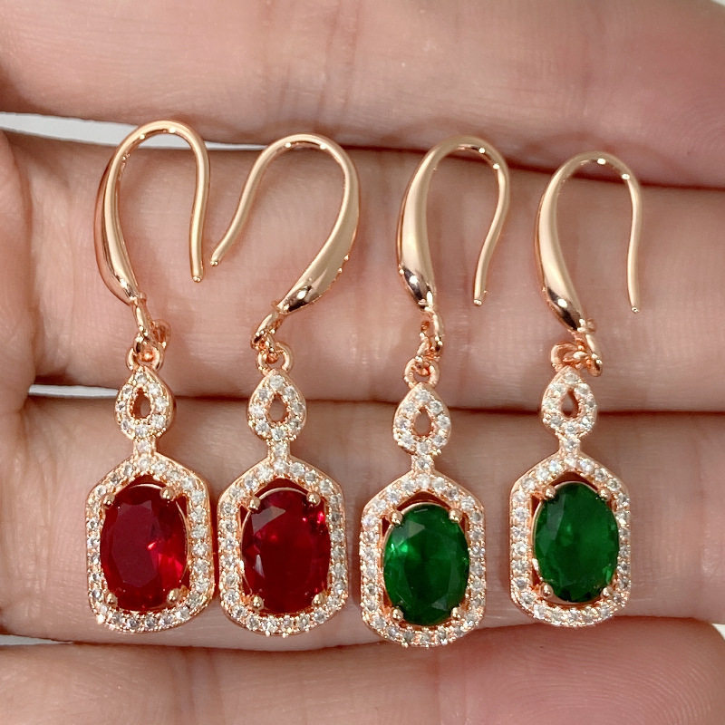 流行欧美高端红绿宝石耳坠耳钉 镀18k玫瑰金微镶锆石红绿水晶耳环