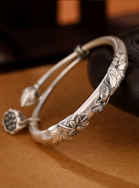 复古个性鲤鱼莲花荷叶莲蓬纯银复