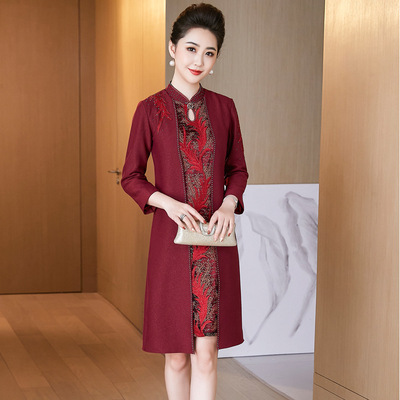 喜妈妈婚宴装假两件套礼服高端修身连衣裙中长款大码结婚女装修身