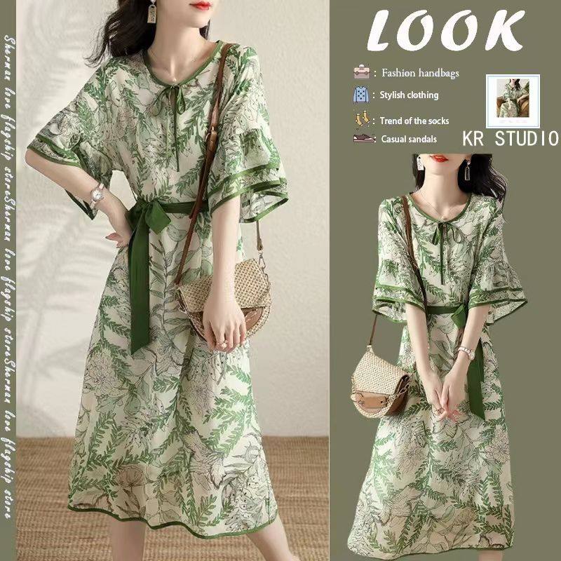 洋气大牌女荷叶边系带撞色显瘦连衣裙夏季新款中长款休闲裙子