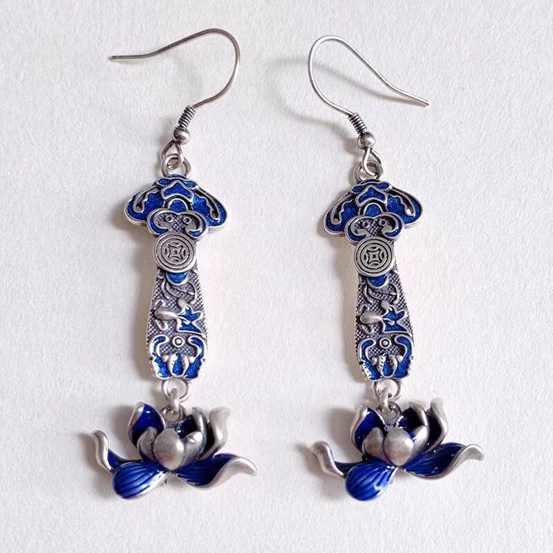 锦琪中式国潮新款祈福万事如意步步莲花镀银耳环复古景泰蓝耳坠