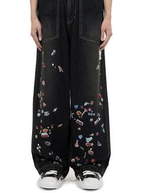 【官网折扣】KAPITAL JAPA平田王鹤棣洗水做旧趣味印花牛仔阔腿裤