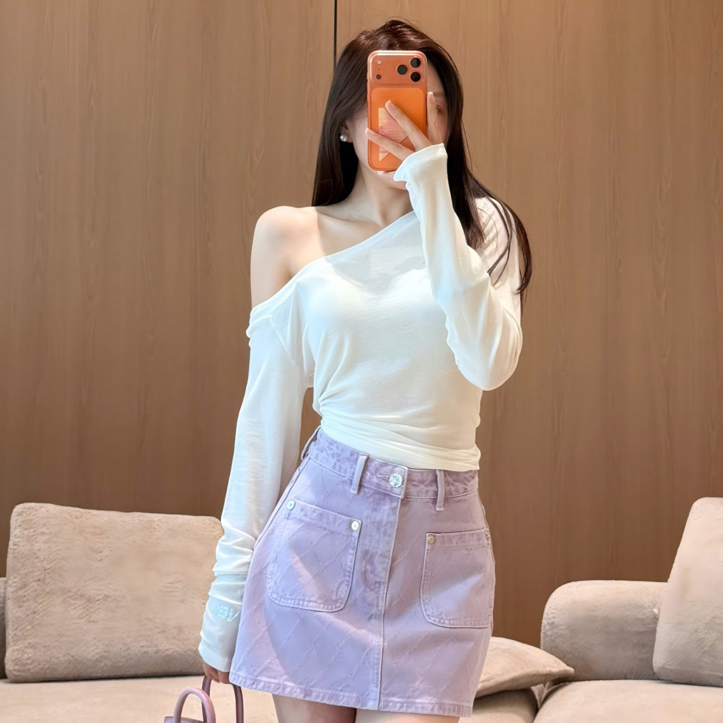 小香风牛仔菱形格子短裙