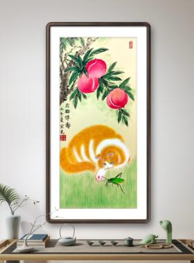 纯手绘原创工笔猫咪寿桃国画吉猫伴寿长辈祝寿玄关茶室新中式挂画