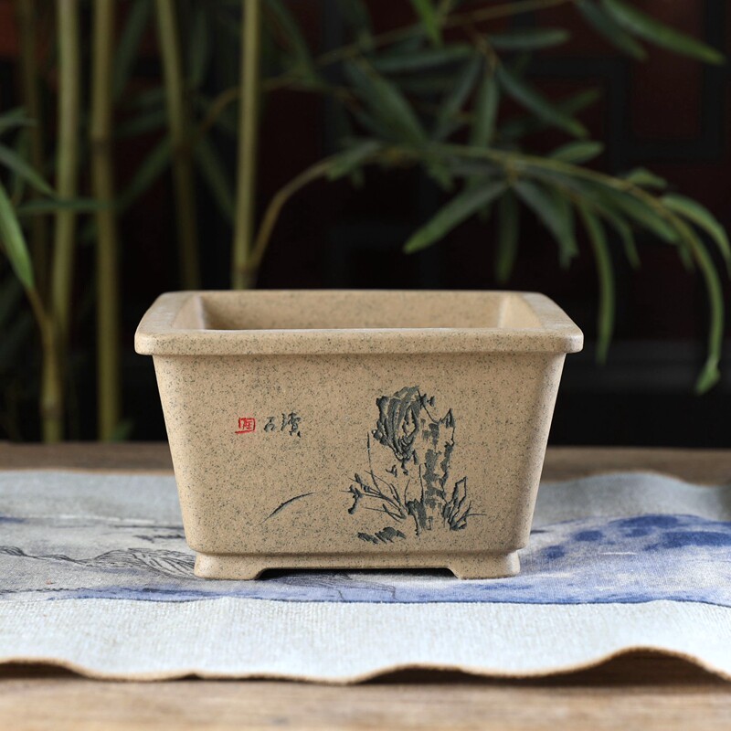 平口大正方 宜兴紫砂花盆 陆文梅 盆景绿植多肉室内桌面四方刻绘