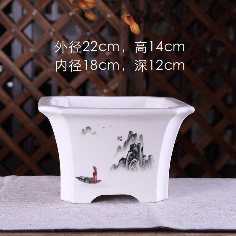 精品陶瓷釉盆大号绿植盆景花卉CY22#抽角大正方中式贴画透气
