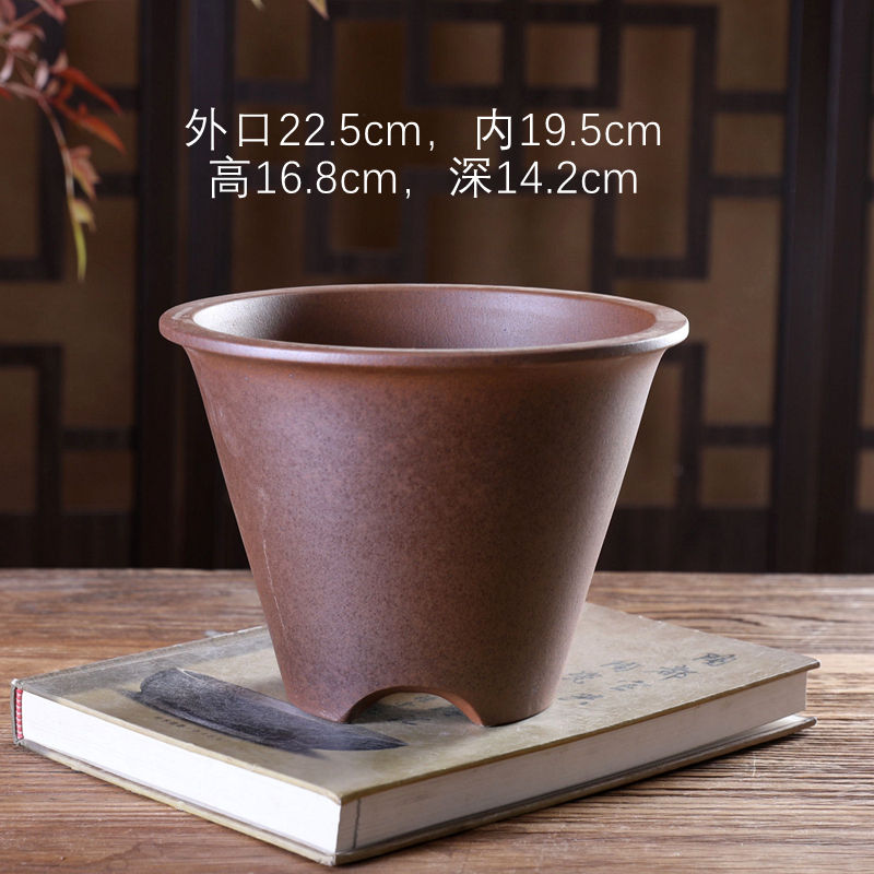 WC151#斜口圆盆柴烧紫砂中号花盆绿植盆景菖蒲桌面兰花盆春兰寒兰