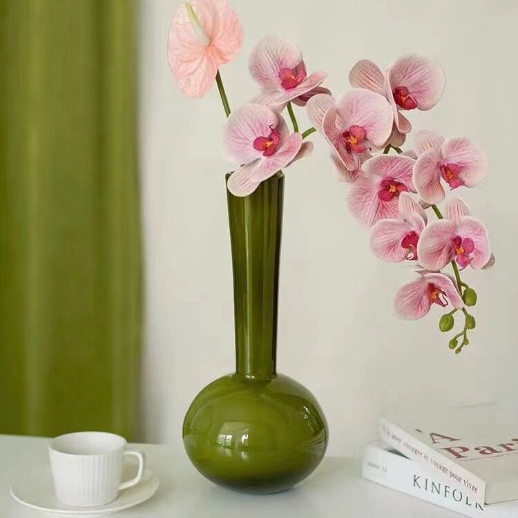 中古琉璃花瓶感绿色摆件桌面办公室干花花束客厅摆设一枝花高图片