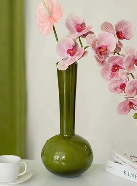 中古琉璃花瓶感绿色摆件桌面办公室干花花束客厅摆设一枝花高
