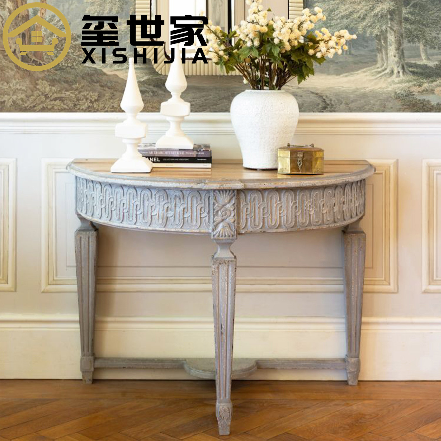玺世家美式复古实木雕花玄关桌法式中古风入户玄关台靠墙条案台