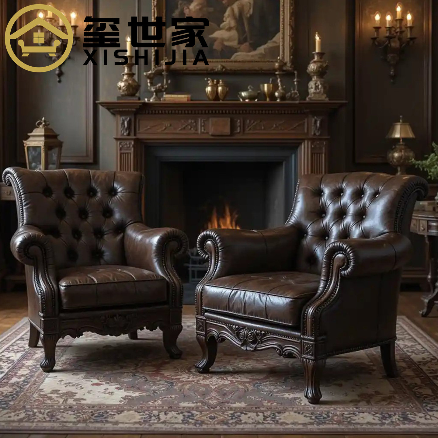 玺世家美式复古实木真皮拉扣沙发客厅单人老虎椅阳台牛皮休闲椅