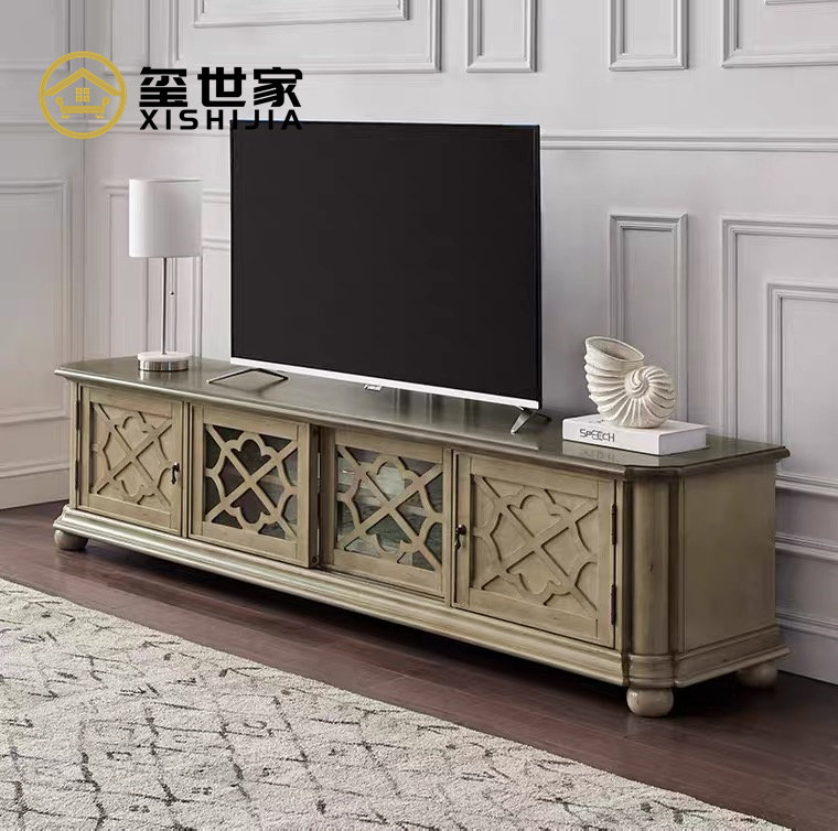 美式乡村电视柜实木客厅仿古做旧地柜雕花原木客厅影视柜整装家具