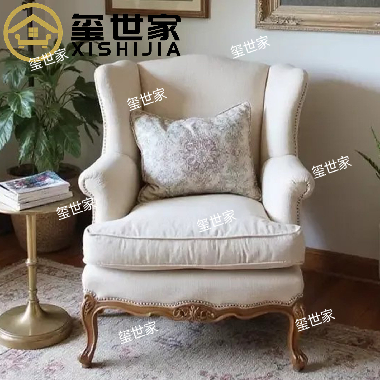 玺世家 美式复古风布艺单人沙发椅 雕花客厅家具 米白色麻布沙发
