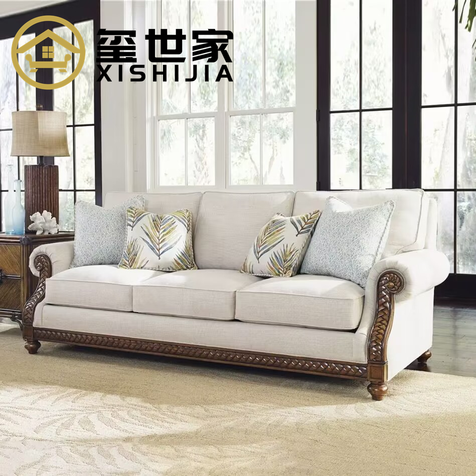美式乡村实木布艺沙发组合欧式复古雕花小户型客厅法式简约田园风