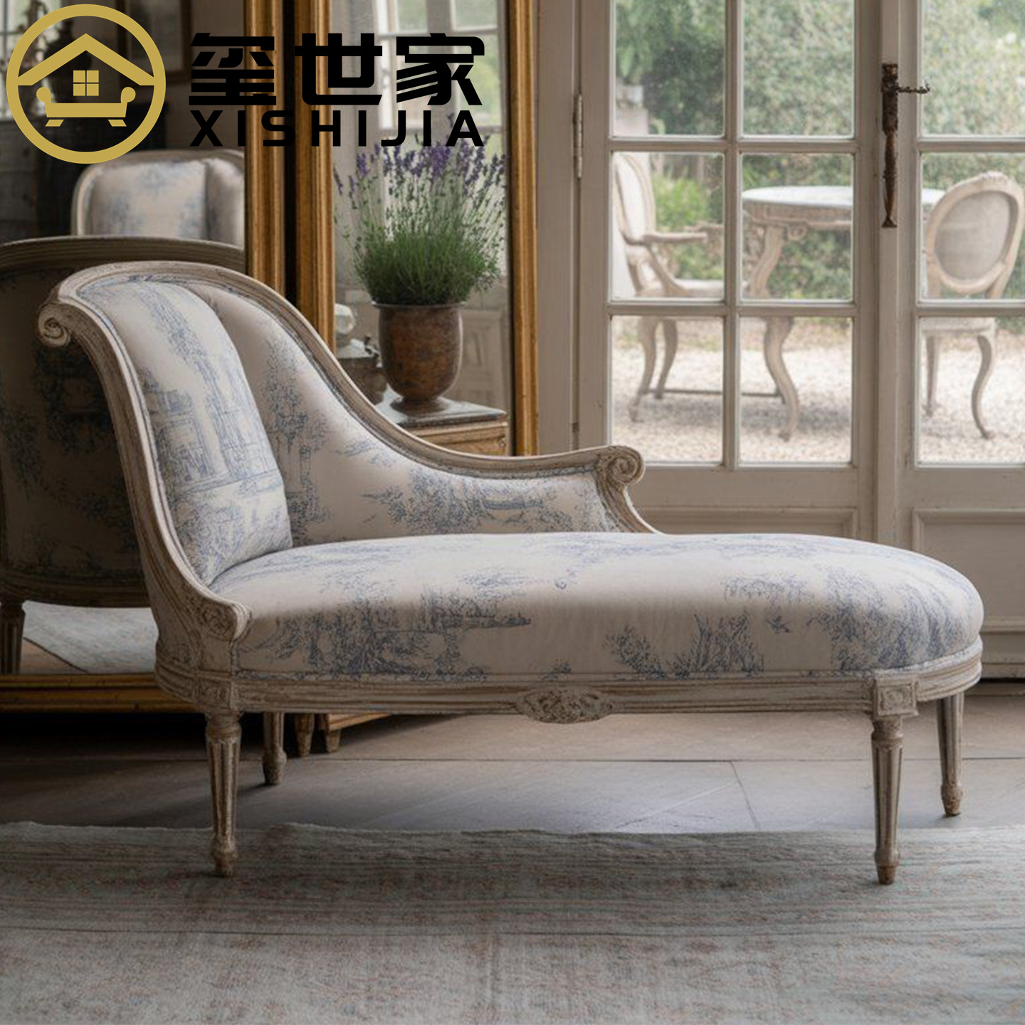 玺世家美式复古雕花实木贵妃椅小户型客厅单人沙发休闲椅印花布椅