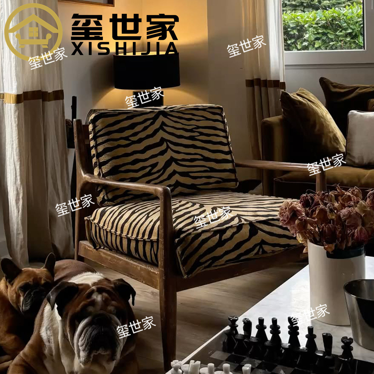 玺世家 美式复古风实木单人沙发椅 小户型客厅斑马纹布艺休闲椅