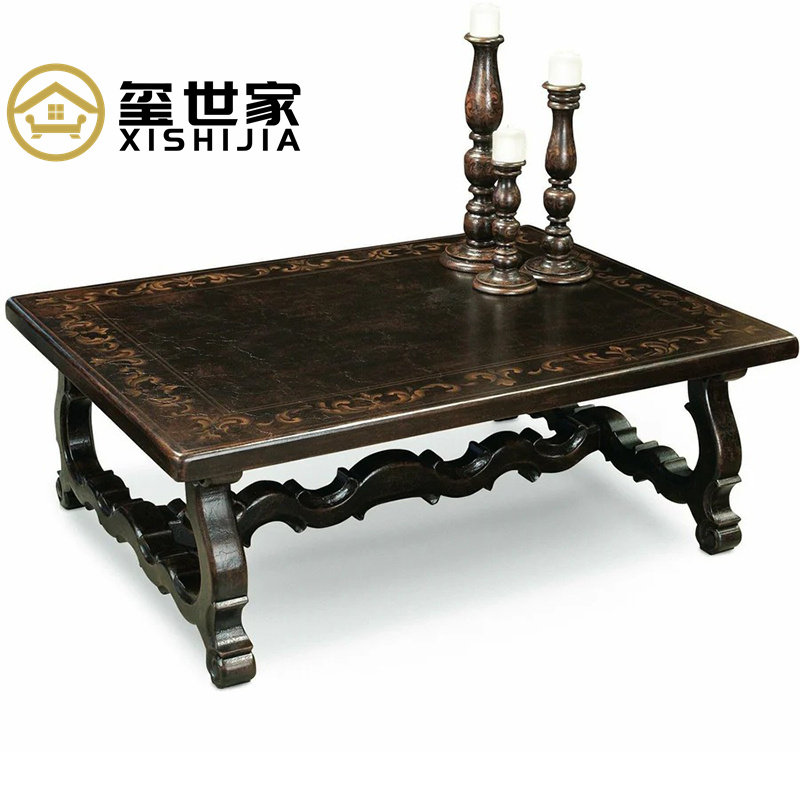 玺世家美式复古实木雕花茶几小户型客厅家用中古风做旧茶几咖啡桌