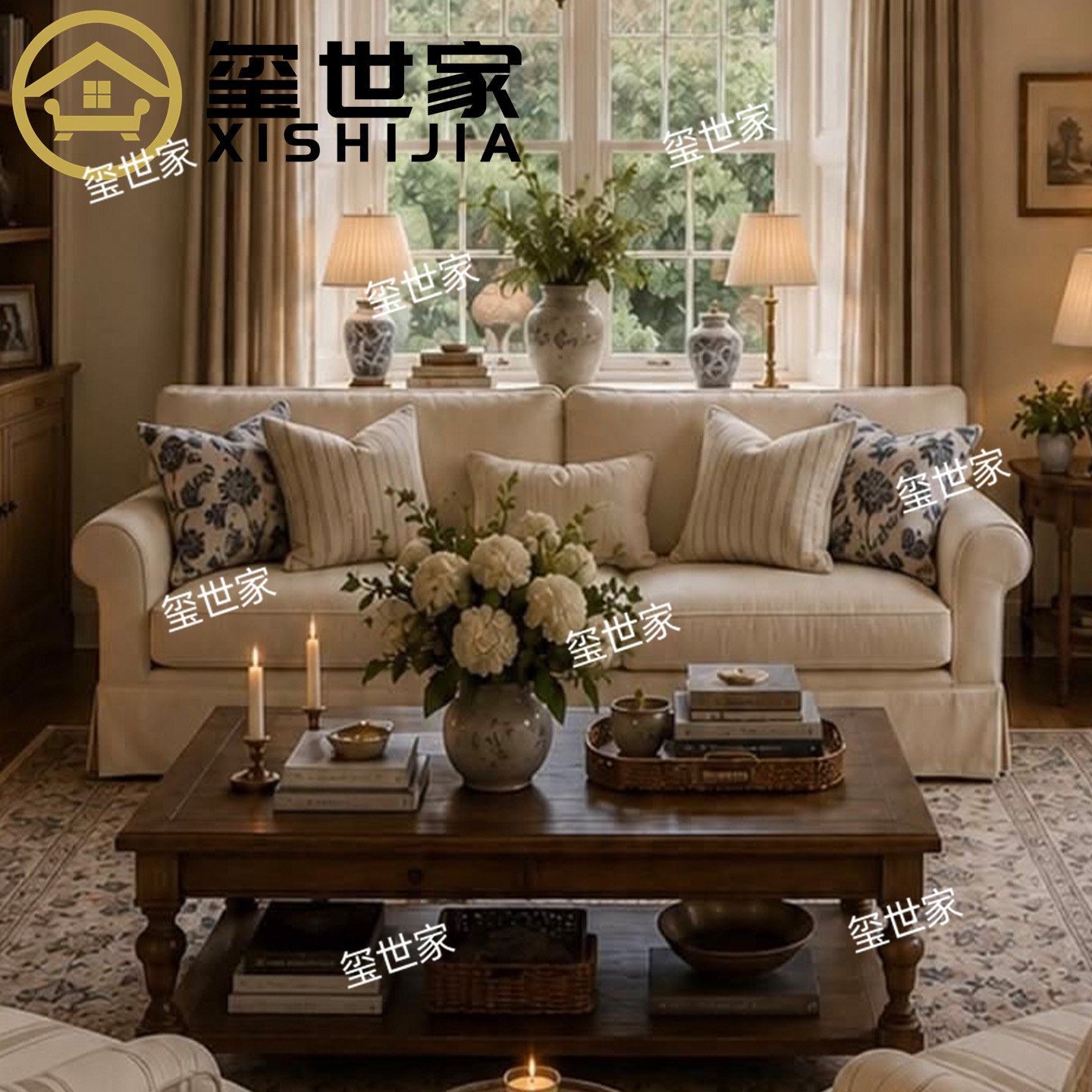 玺世家 美式复古风布艺沙发 客厅米白色裙边装饰三人沙发 可定制