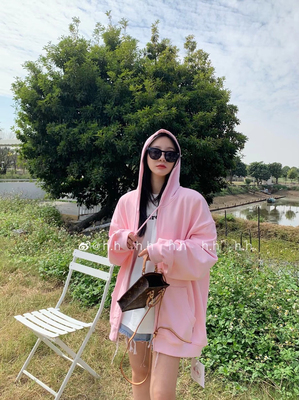 hh原创设计连帽卫衣开衫外套慵懒风纯粉色上衣25春季新款大码女装