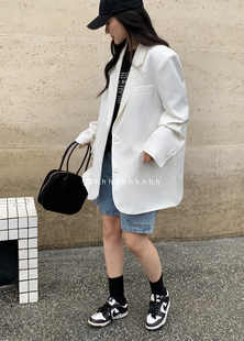 hh原创设计中长款翻领西装外套白色宽松上衣26春季新款大码男女装