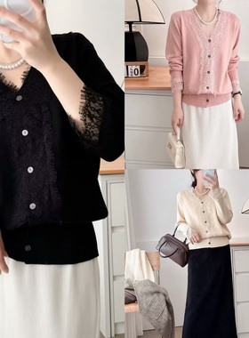 100-200斤大码女装胖mm秋冬洋气蕾丝拼接显瘦宽松V领针织开衫522