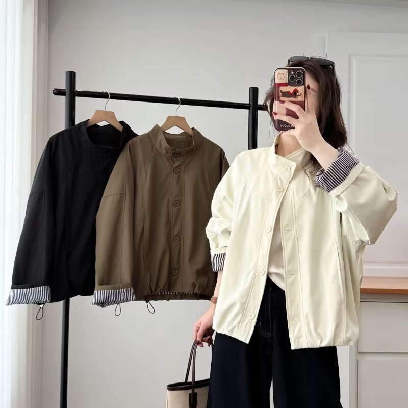 韩版新款立领条纹拼接外套女