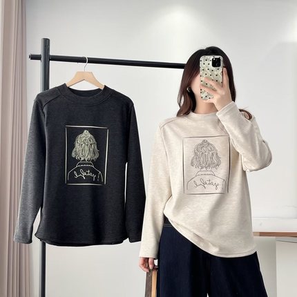大码女装遮肚子秋冬保暖打底衫设计感半高领印花加绒t恤女2566