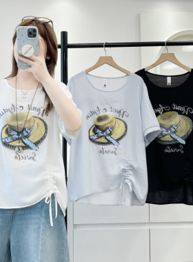 大码胖mm洋气时尚圆领草帽印花短袖T恤女夏季新款休闲显瘦上衣736