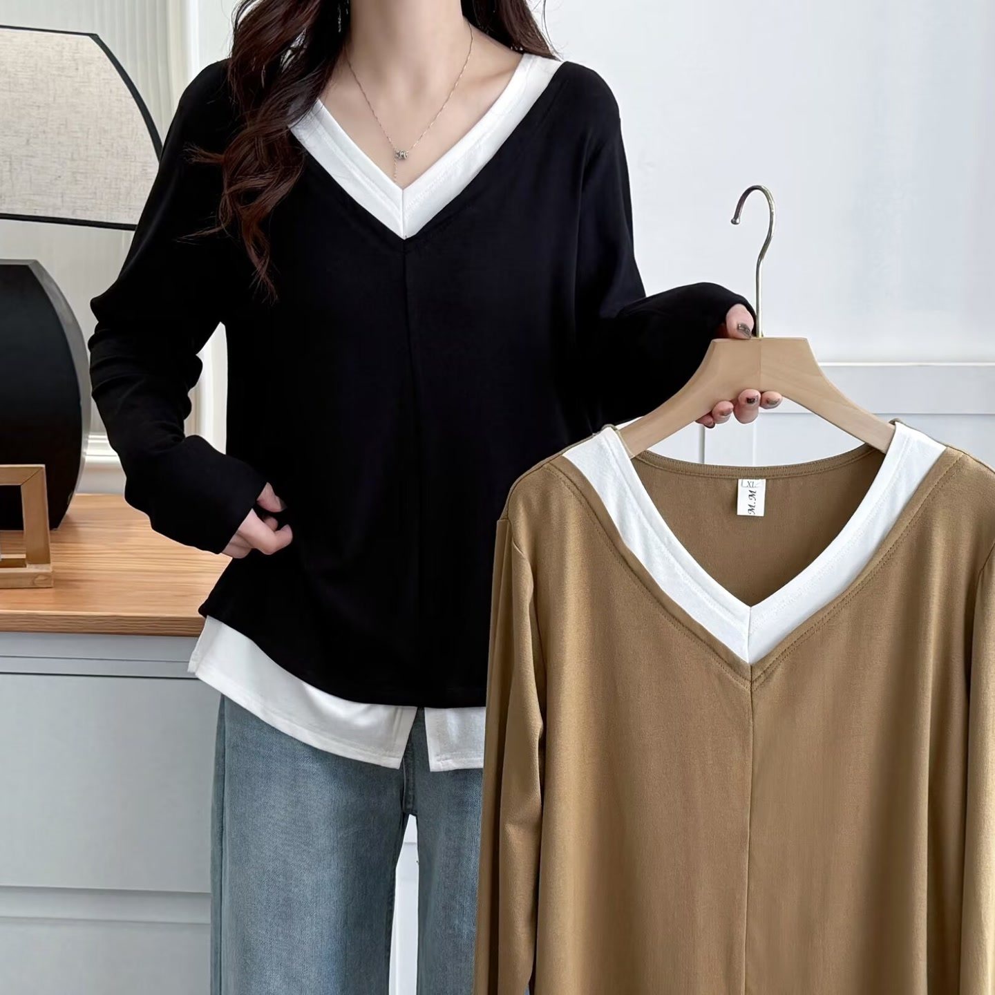 大码女装遮肚子小众设计感打底衫女春季长袖假两件内搭T恤上衣823,女装/女士精品,大码内搭,淘宝优惠券,粉丝福利购,淘宝优惠卷