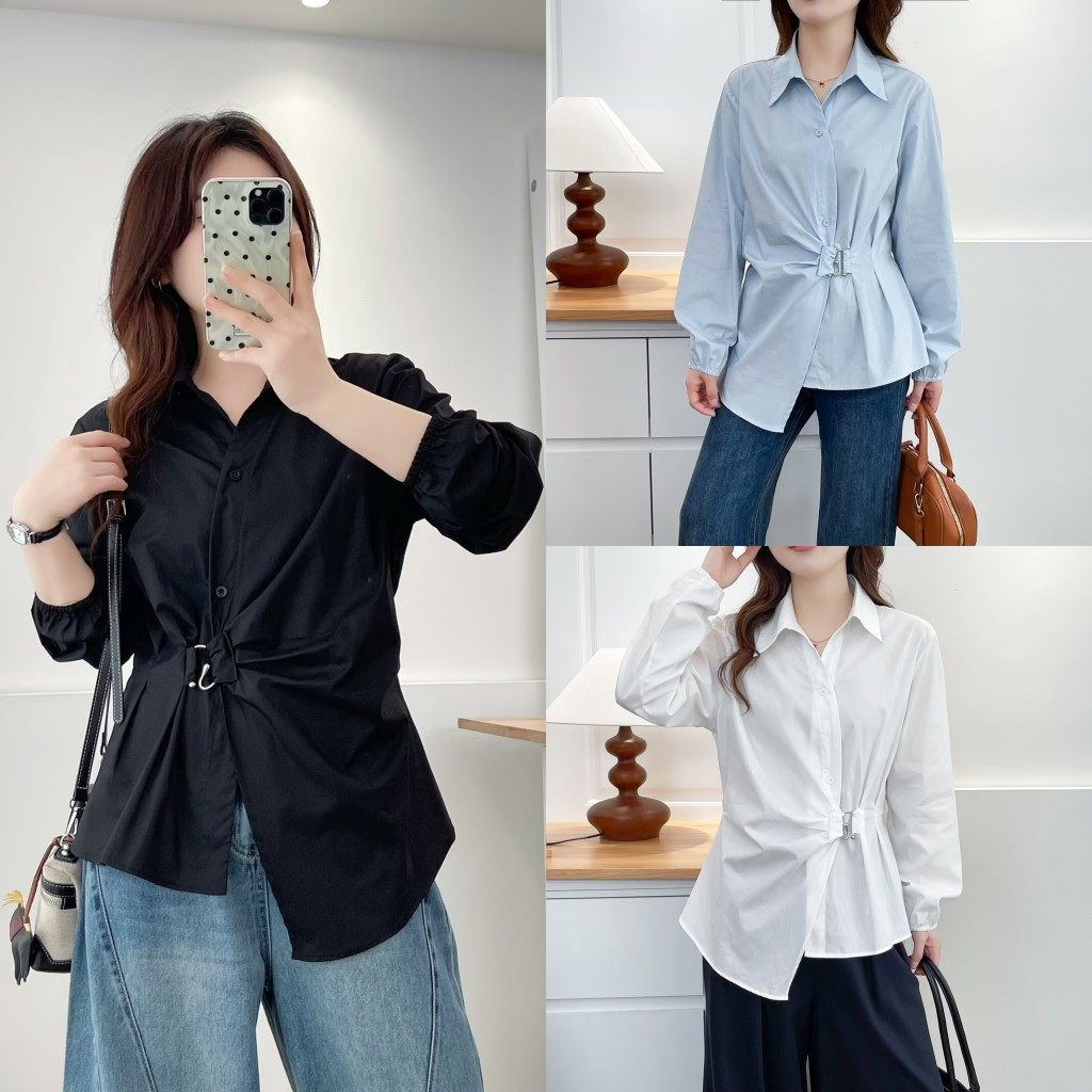大码女装遮肚子胖mm秋新款设计感百搭上衣收腰显瘦不规则衬衫2316