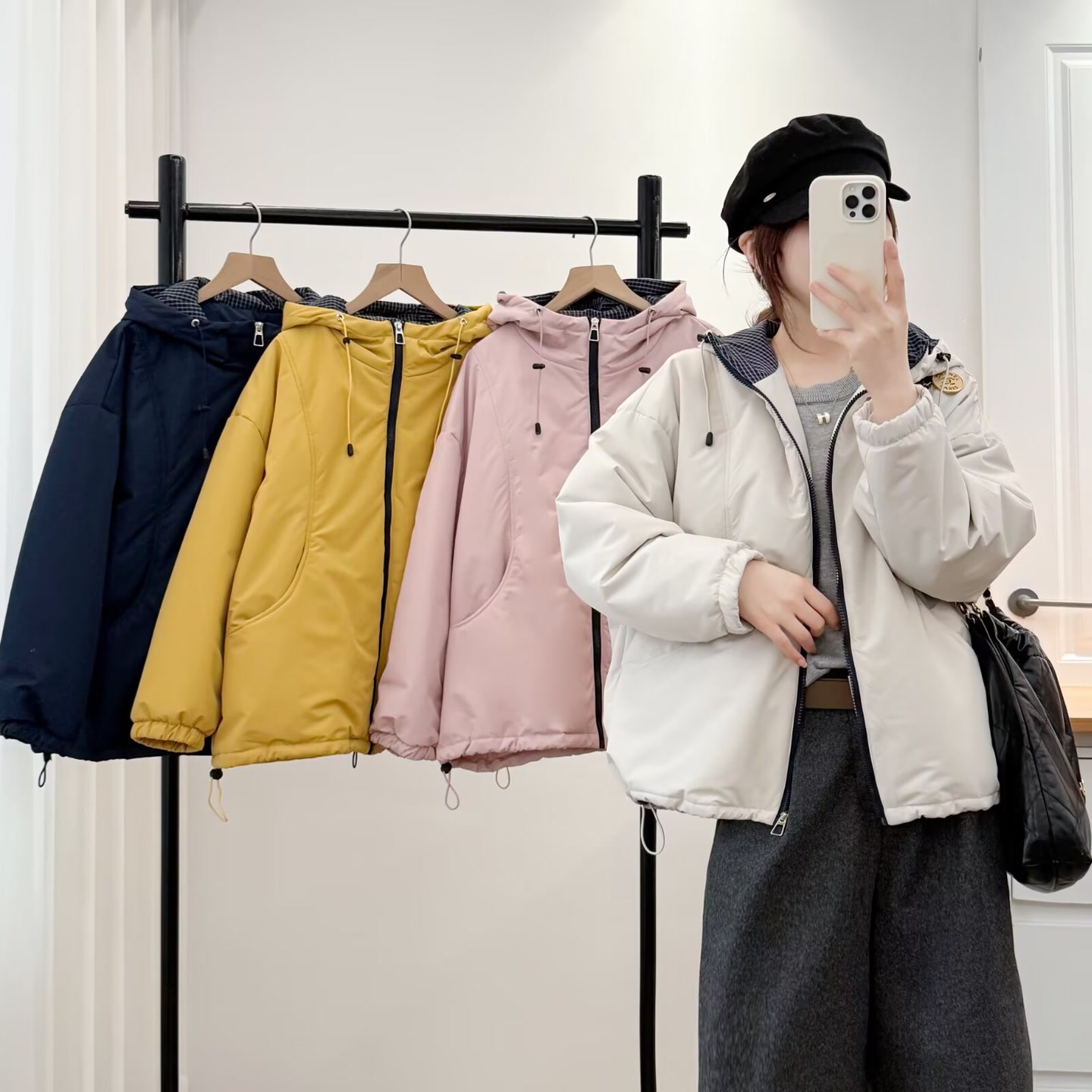 休闲百搭拼接连帽抽绳棉服外套