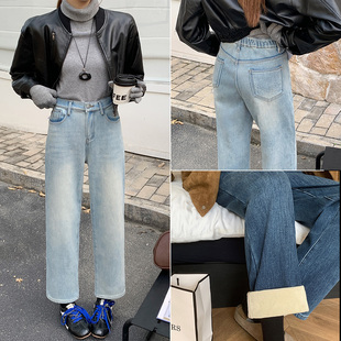 2552 大码 密密绒直筒加绒牛仔裤 显腿长秋冬高腰小个子烟管裤 女装