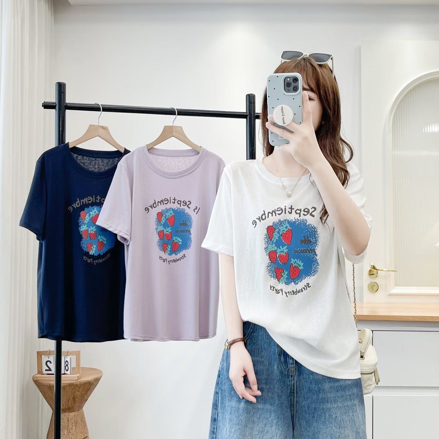 大码胖mm韩版百搭减龄草莓印花短袖T恤女夏季新款宽松显瘦上衣783