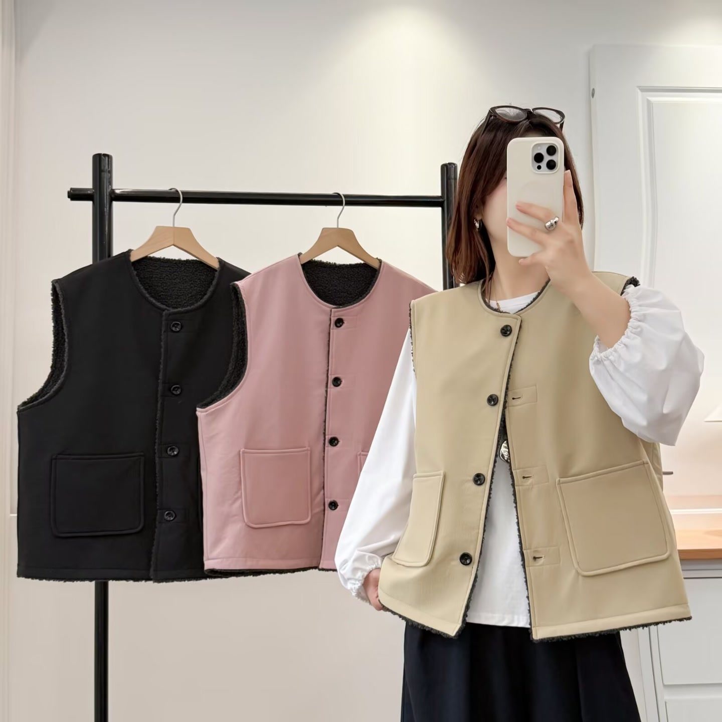 大码女装遮肚子胖mm秋冬款小香风百搭加厚羊羔毛显瘦马甲外套2563