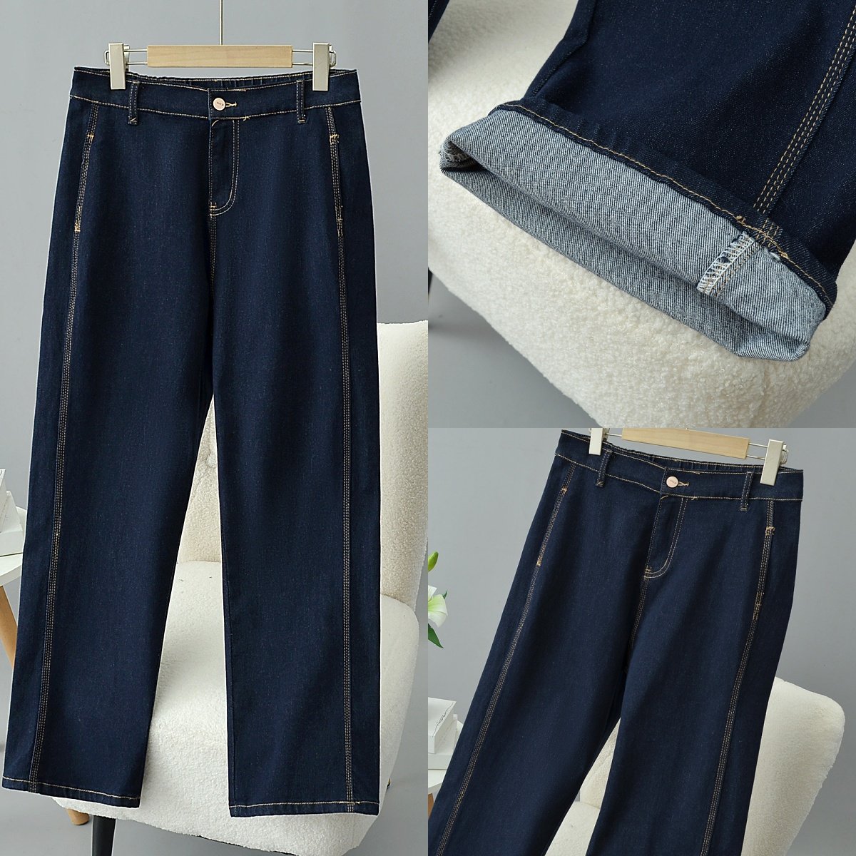 大码女装显腿长半松紧腰牛仔裤春季高弹力丹青蓝阔腿裤休闲裤6605