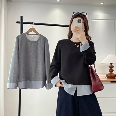 大码胖mm韩系时尚格纹拼接假两件卫衣女春季新款休闲百搭上衣1805