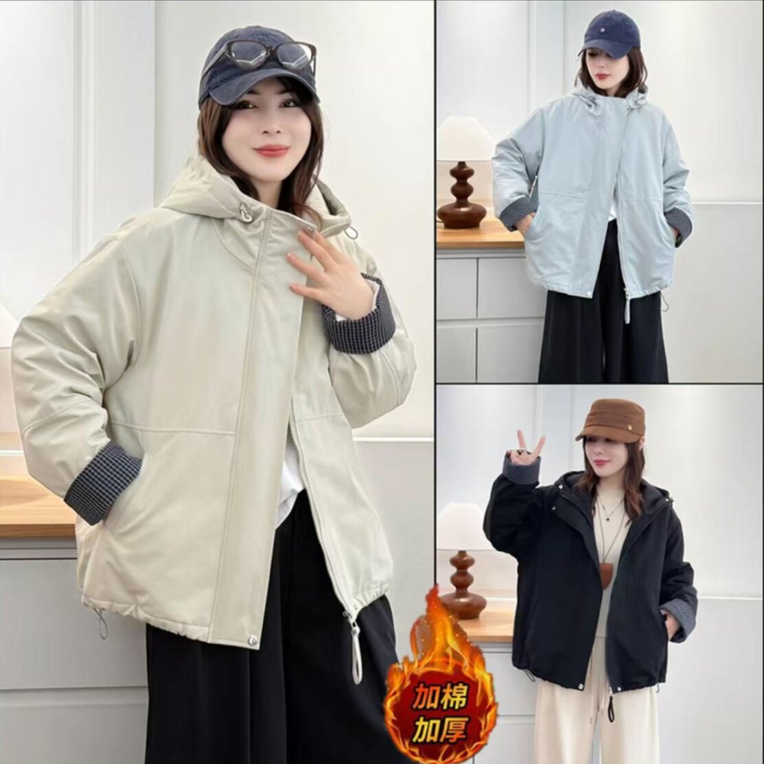 韩版加厚撞色夹棉连帽派克服
