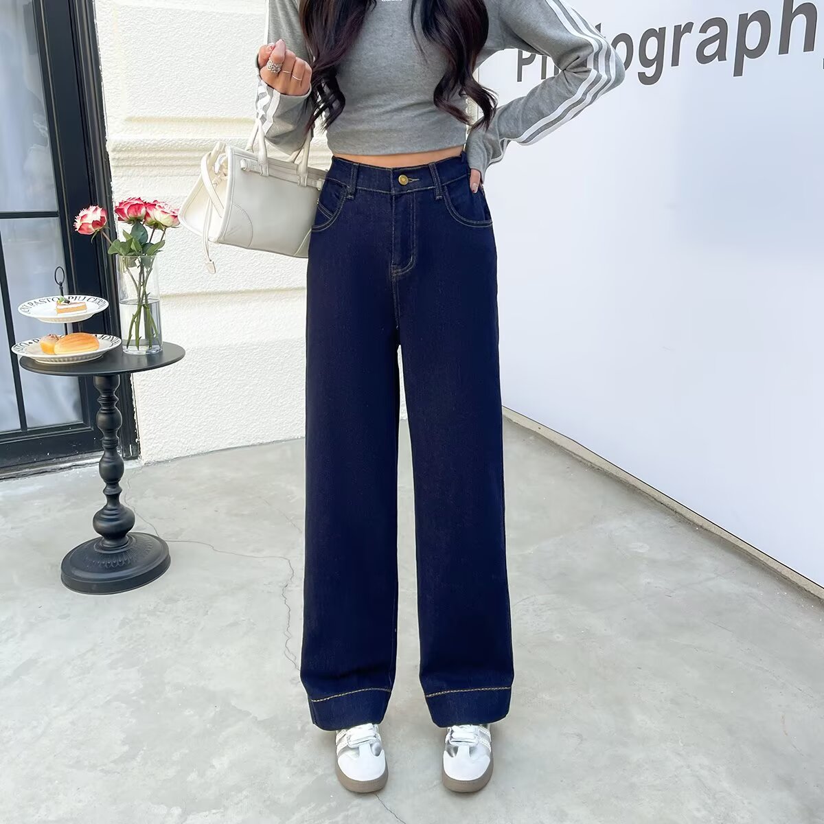 半松紧腰宽松休闲显瘦直筒牛仔裤