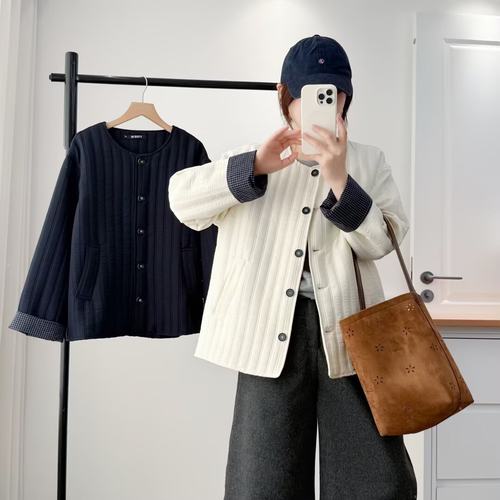 秋冬韩版小泡芙夹棉拼接格子棉服