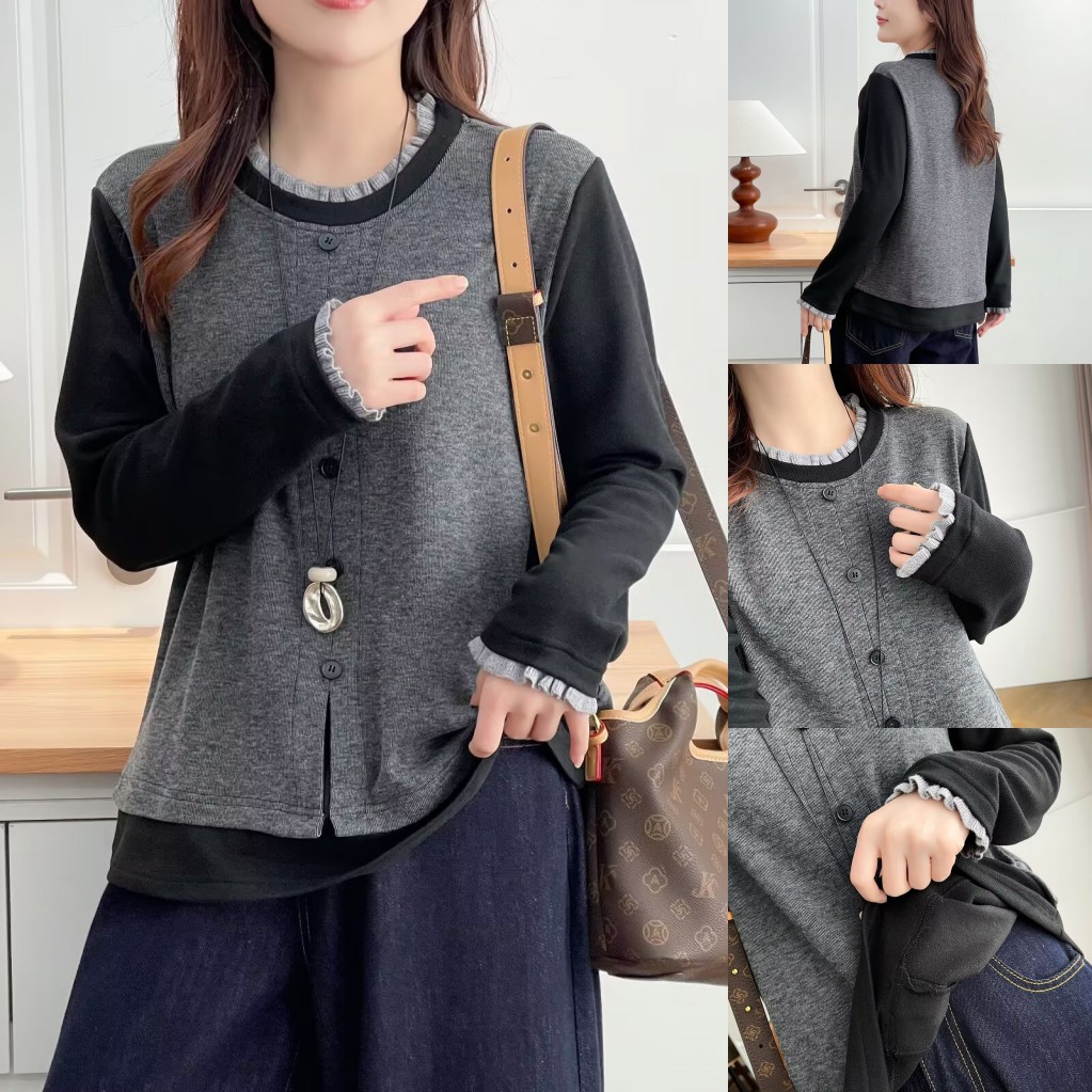 大码女装遮肚子秋冬设计感木耳边拼接长袖假两件T恤打底衫女2522