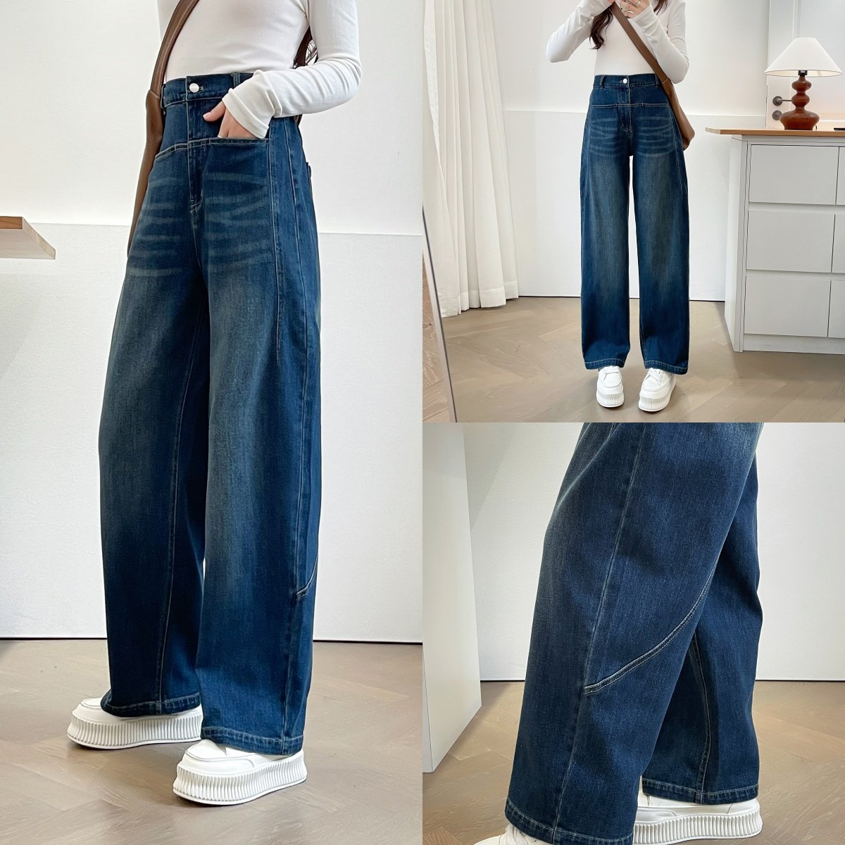 大码女装显腿长宽松阔腿牛仔裤女春季高腰显瘦梨型身材直筒裤9828